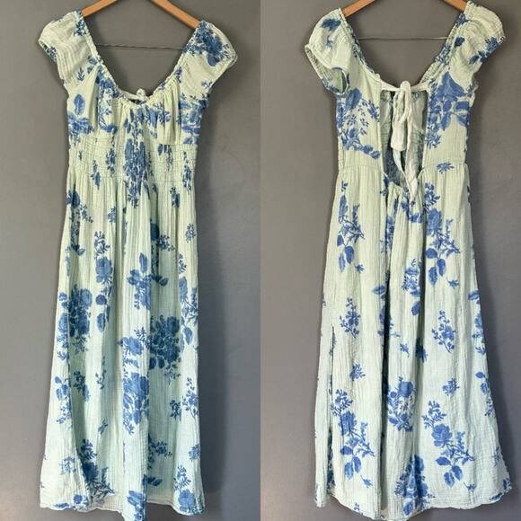 FREE PEOPLE Milkmaid Midi Dress Sundress Blue Floral Gauzy CottageCore Cotton M - Picture 4 of 13